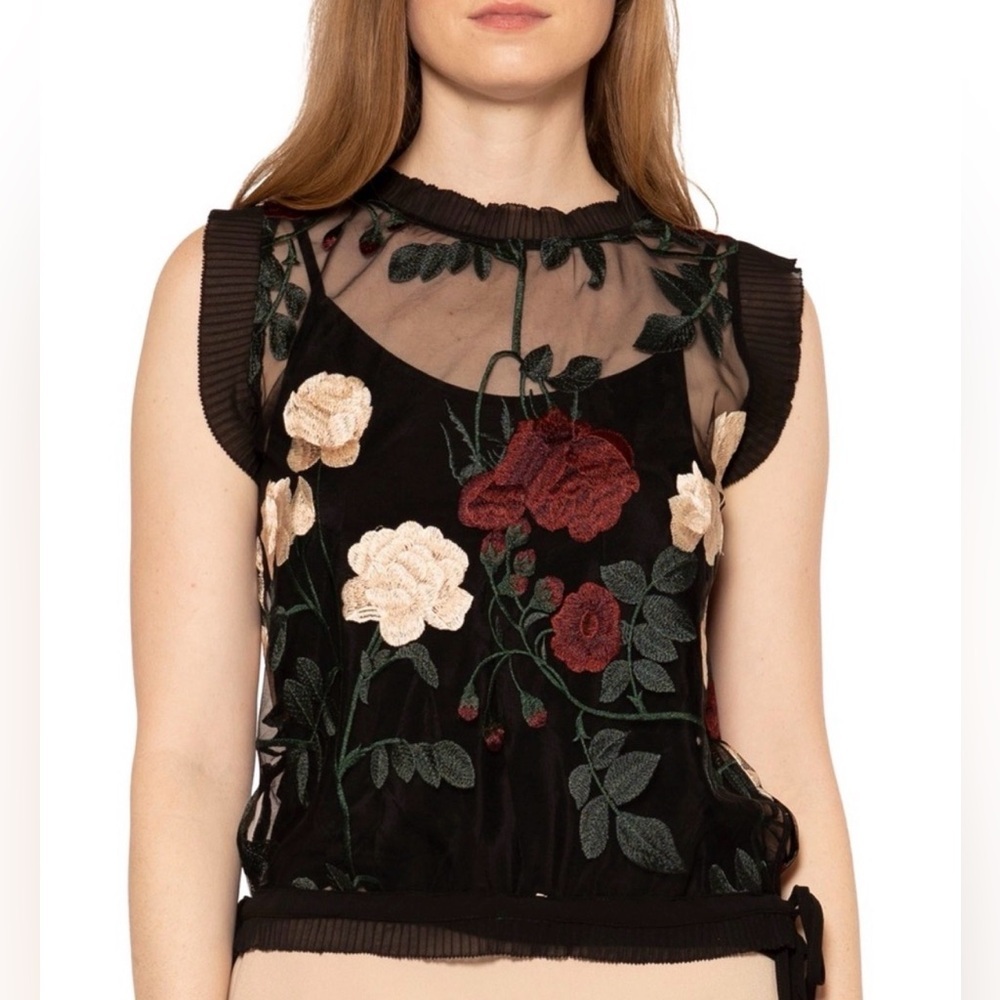 Gracia Sheer Black Embroidered Floral Shortsleeve Top Size -S